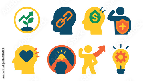 Flat vector icons of mindset coaching: growth mindset coaching badge, overcoming limiting beliefs course, abundance mindset session, mental resilience workshop, positive psychology tools,