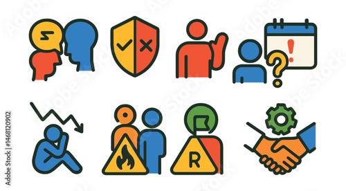 Flat vector icons of mentorship challenges: communication gap icon, mismatched mentorship badge, mentor availability issues, expectation misalignment, mentee motivation loss, mentoring burnout
