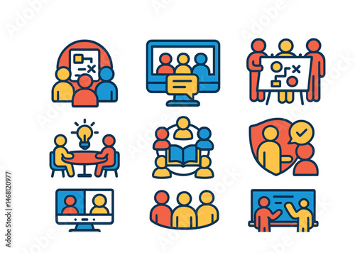 Flat vector icons of collaborative learning: group project discussion badge, online study group icon, teamwork learning exercise, brainstorming session table, knowledge sharing circle, peer feedback