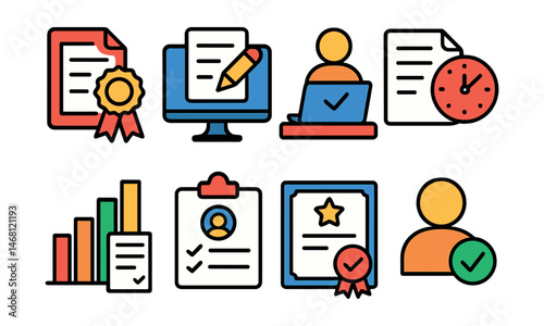 Flat vector icons of mock exams: mock test paper badge, mock exam simulation setup, practice test environment icon, time-limited practice exam, mock exam result tracker, exam readiness assessment,