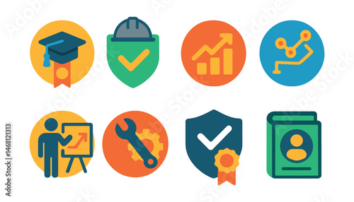 Flat vector icons of corporate certification programs: employee training certification badge, workplace safety certification, sales skills certification, project management certification path,