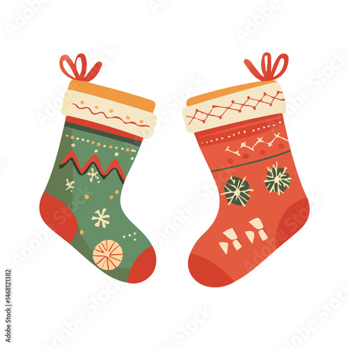 2D flat Christmas Stockings vector illustration, isolated on a white background.