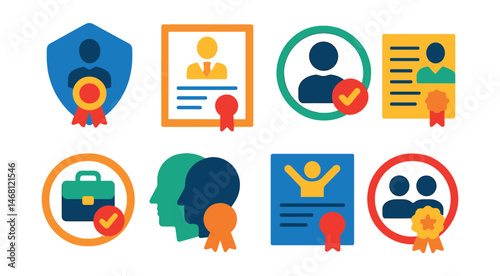 Flat vector icons of mentoring and coaching certifications: professional coach certification badge, executive coach diploma, life coach certification icon, leadership coach course certificate, career