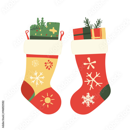 Christmas Stockings 2D flat vector illustration, isolated on a white background.