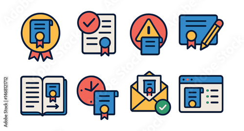 Flat vector icons of diploma replacement services: duplicate diploma request badge, diploma reprint application, lost diploma recovery badge, diploma correction service icon, diploma replacement