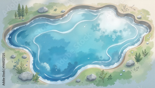 Watercolor pond surrounded by greenery and rocks