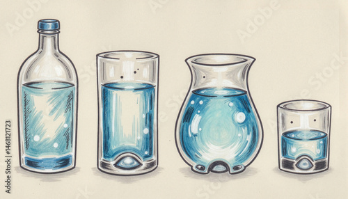 Illustration of glass containers with water
