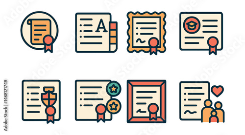 Flat vector icons of customized diplomas: personalized diploma design badge, custom diploma fonts selection, custom diploma border decoration, alumni personalized diploma badge, school crest on