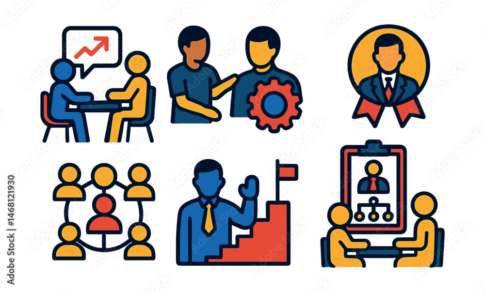 Flat vector icons of professional mentorship: career coaching mentorship, skills development mentorship, executive mentoring badge, business mentorship plan, networking through mentorship, leadership Flat vector icons of professional mentorship: career coaching mentorship, skills development mentorship, executive mentoring badge, business mentorship plan, networking through mentorship, leadership