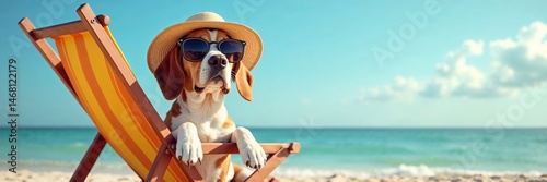 Beagle dog wearing a straw hat and black sunglasses relaxing on a yellow and orange striped beach chair on a sunny beach. Panoramic view. Summer, vacation, pet fun, sun protection for pets