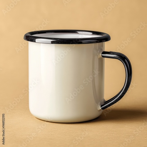 White enamel mug, beige background, studio shot, mockup