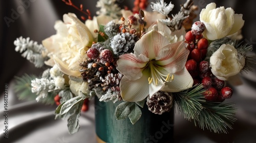 Winter floral arrangement, studio shot, dark background, holiday gift
