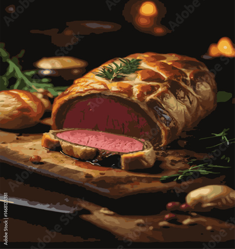 Beef Wellington vector illustration. Realistic gourmet dish with golden puff pastry and beef tenderloin. Perfect for restaurant menus, recipe books, and culinary design projects.