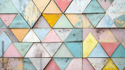 Colorful geometric background of painted triangular wood pieces for artsy designs