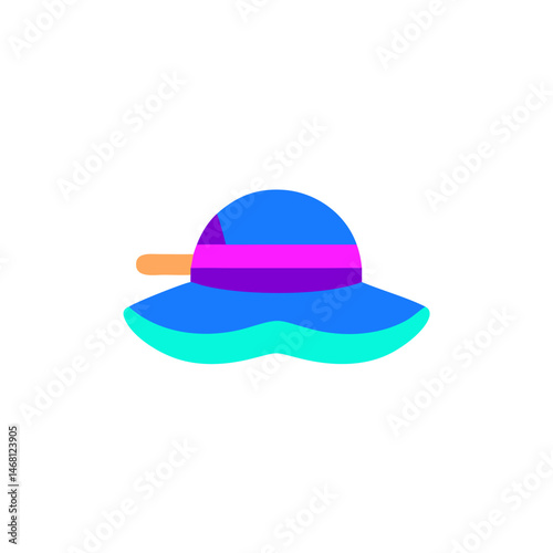 Colorful sun hat icon representing summer fashion and outdoor adventure on a white background