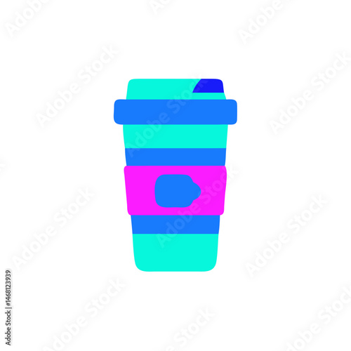 Colorful travel mug icon representing convenience and on-the-go beverages on a white background