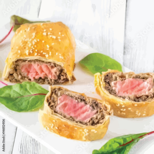 Beef Wellington vector illustration. Realistic gourmet dish with golden puff pastry and beef tenderloin. Perfect for restaurant menus, recipe books, and culinary design projects.