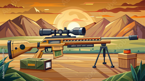 Sniper rifle with silencer and scope at shooting range