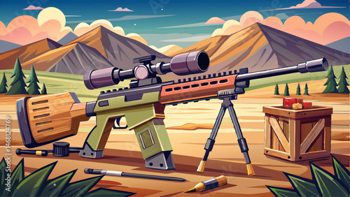 Sniper rifle with silencer and scope at shooting range