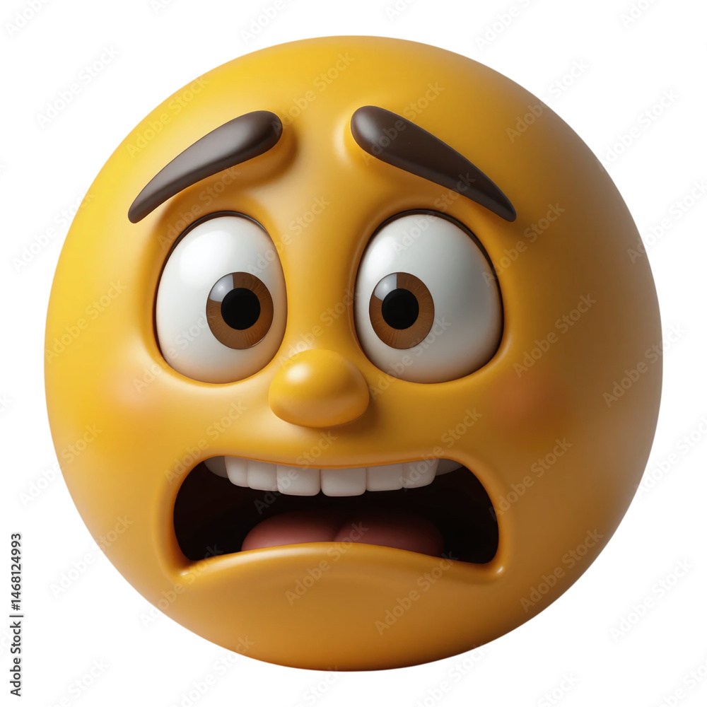 Naklejka premium Fearful yellow emoji with open mouth and raised eyebrows scared look isolated on transparent background