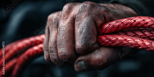Close-up of dark hand gripping red rope, showcasing texture and strength, symbolizing hard work, resilience, and manual labor
