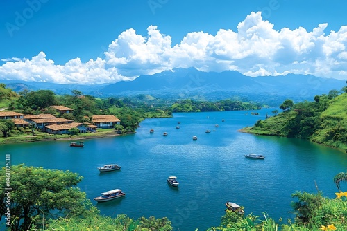 Wide river with small fishing boats bordered by lush greenery and distant mountains under a dramatic sky of rolling clouds