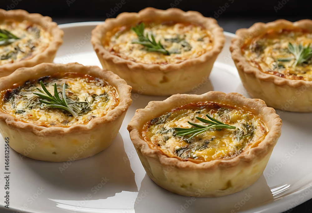 Mini Quiche with Crust Detailing and Herbs – A bite-sized quiche shown from top and side views, with visible egg texture. Mini Quiche with Crust Detailing and Herbs – A bite-sized quiche shown from top and side views, with visible egg texture.