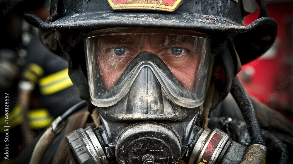 Fototapeta premium Brave Firefighter in Protective Gear Demonstrates Courage and Resolve During Intense Emergency Response Operations and Firefighting Challenges