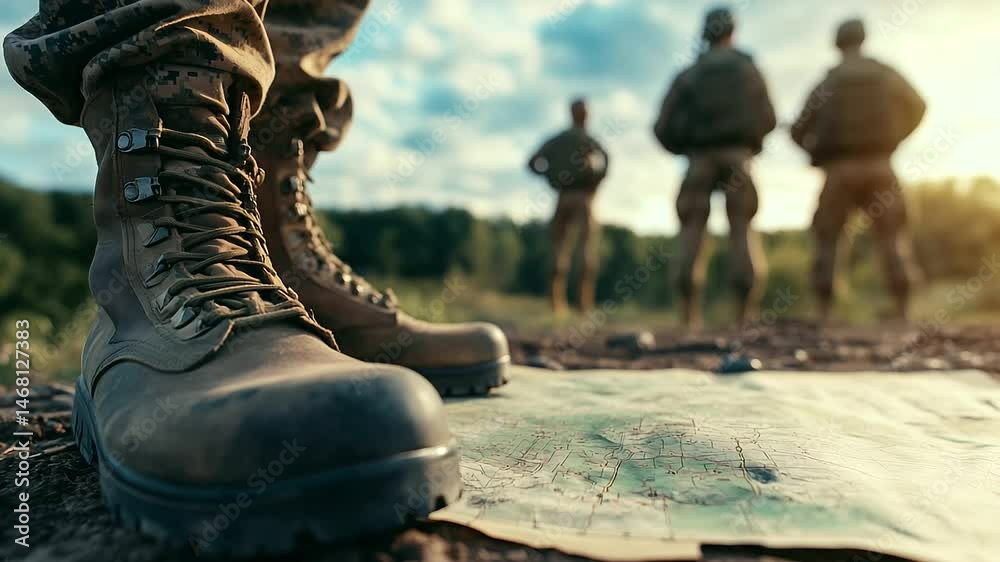 A close-up of military boots standing next to a worn-out tactical map on a field table, with soldiers in the background making strategic decisions.