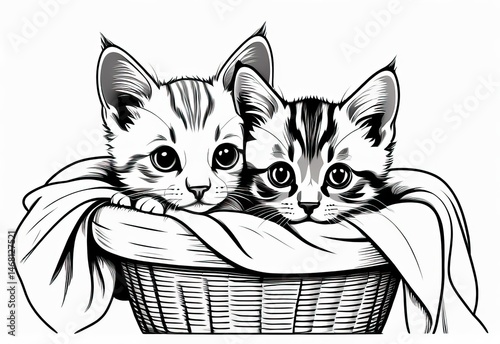 Two cute kitties in a woven basket, black and white line art for coloring