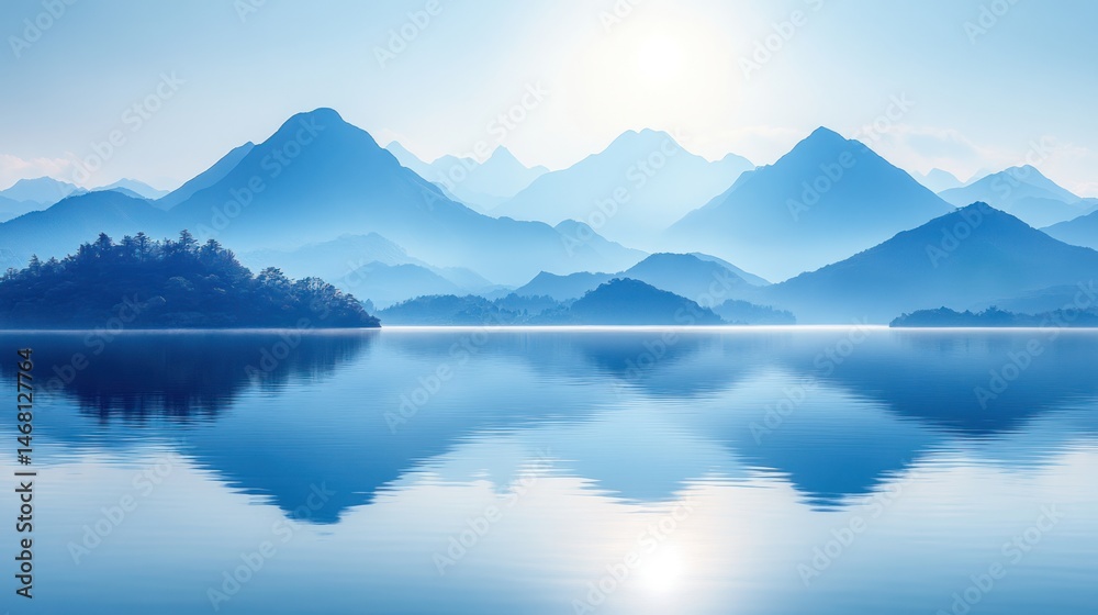 Naklejka premium Serene Mountain Lake Reflection: A Breathtaking Panorama of Tranquil Blue Hues