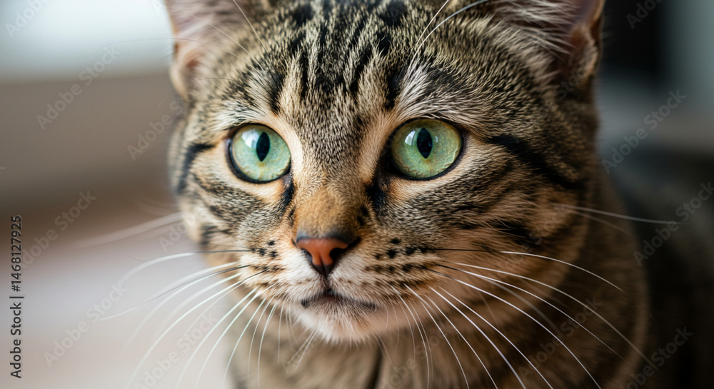 Close up portrait of a tabby cat with green eyes looking at the camera animal photography pet photo Close up portrait of a tabby cat with green eyes looking at the camera animal photography pet photo