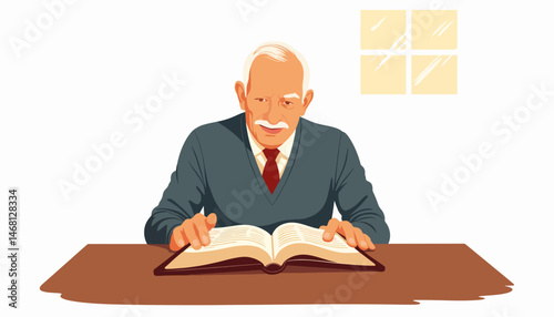 Elderly man reading Bible indoors at wooden table, wisdom and reflection