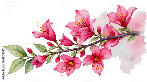 Bougainvillea branch with pink flowers on a white background.
