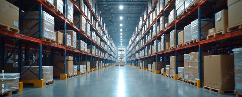 Large distribution warehouse with tall shelves packed with boxes. Automated systems ensure efficient storage, retrieval of goods. Modern logistics warehouse full of cardboard boxes on pallets ready Large distribution warehouse with tall shelves packed with boxes. Automated systems ensure efficient storage, retrieval of goods. Modern logistics warehouse full of cardboard boxes on pallets ready