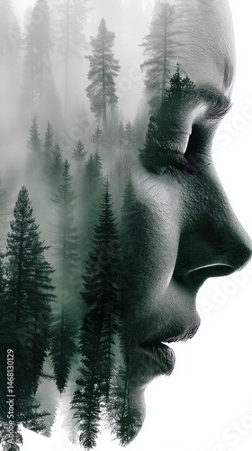 Woman's face, forest double exposure, misty woods, peaceful, nature poster