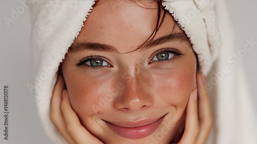Woman's face, towel, studio, skincare routine