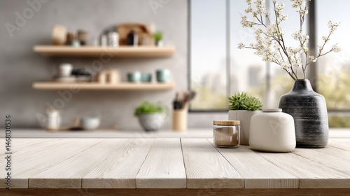 Wooden table, vases, plants, kitchen, city view, product display