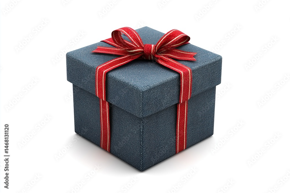 Obraz premium textured blue gift box tied with vibrant red and white ribbon set against clean white background