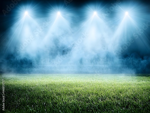 Dramatic Night Stadium,  Green Field, Spotlights, Smoke