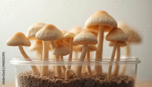 Freshly cultivated magic mushrooms, psilocybin at home in transparent plastic container. Hallucinogenic shrooms, natural medicine for therapy, psychedelic substance, alternative treatment. Closeup,