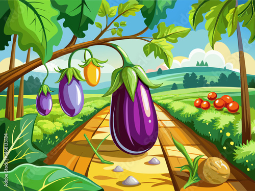 vector of Eggplant on a branch in the vegetable garden.