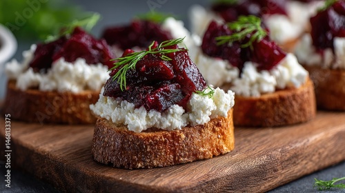 Beet  Goat Cheese Crostini Bites Savory Elegance on Rustic Board.