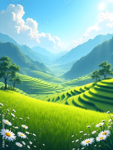Serene Asian Rice Terraces Landscape with Daisies and Mountains under Sunny Sky
