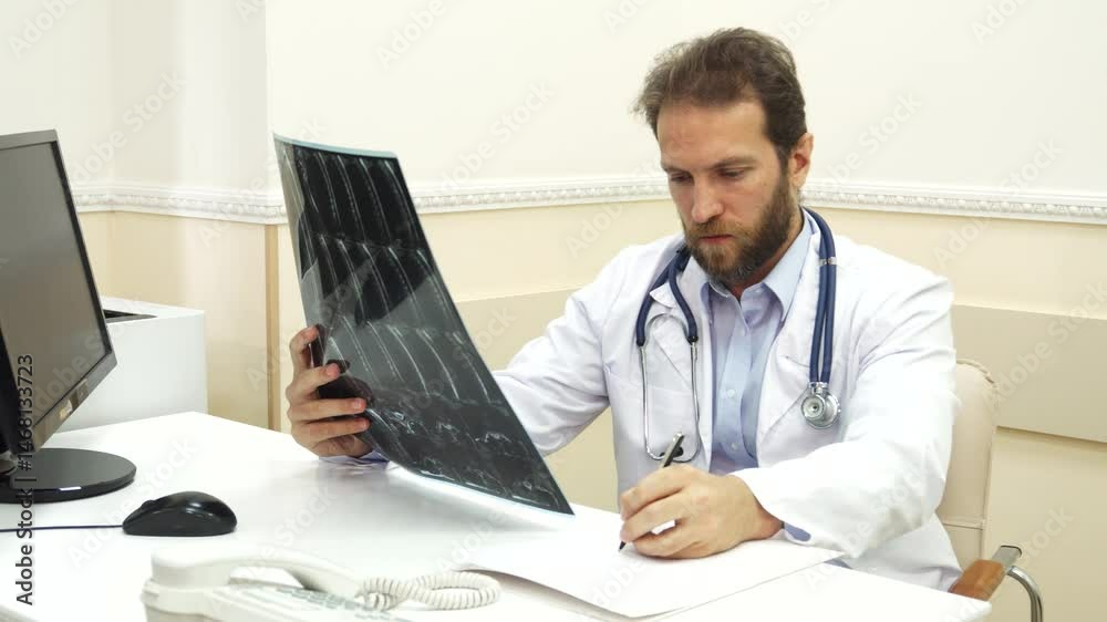 Doctor diligently writing recommendations after reviewing the X-Ray Doctor diligently writing recommendations after reviewing the X-Ray