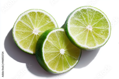 Three vibrant lime slices juicy texture and bright green color casting soft shadow