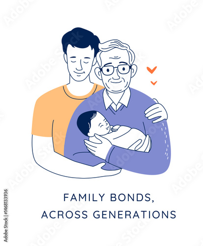 Generational Bond, Grandfather Holding Newborn with Son in Happy Family Scene