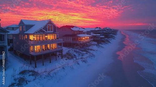 Expansive beachscape at sunrise where white sands meet rolling waves under a vibrant sky of pink and orange hues