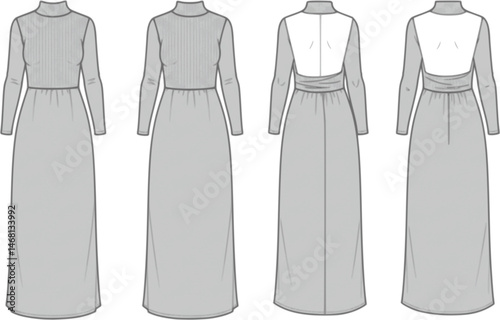 women knitted long sleeve high neck backless maxi dress flat sketch vector technical cad drawing template
