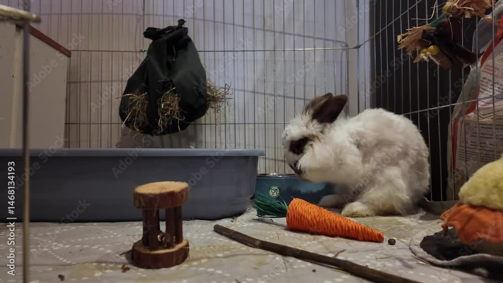 Adorable lionhead bunny playing indooors with a carro toy and grooms herself. High quality 4k footage
